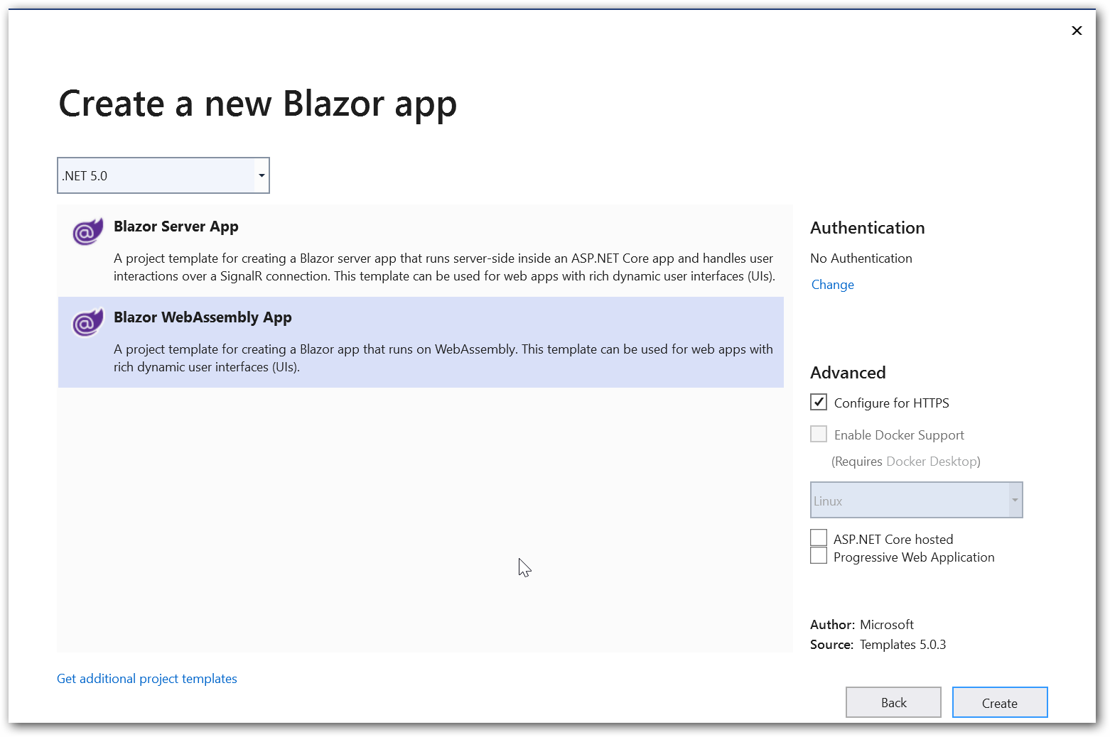 Selecting Blazor WebAssembly App