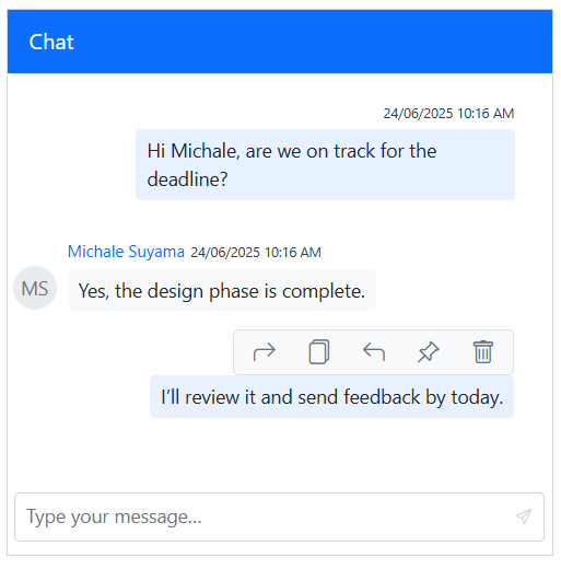 Blazor Chat UI MessageToolbarItem