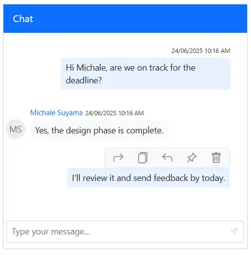 Blazor Chat UI MessageToolbarItem