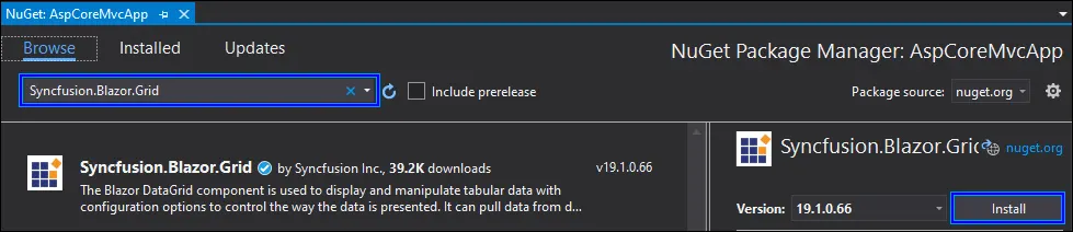 Installing Syncfusion Blazor Grid NuGet package