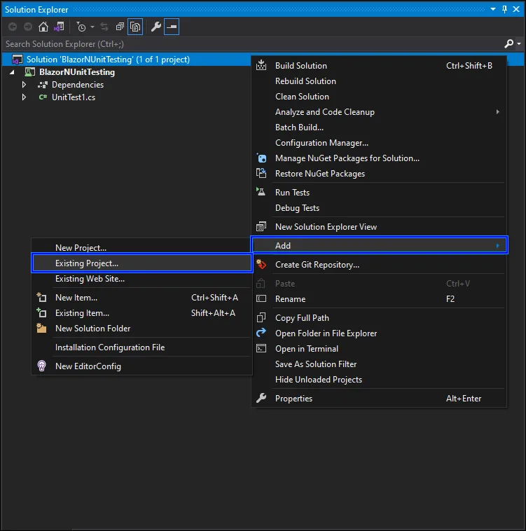 Add an existing Blazor project to the solution