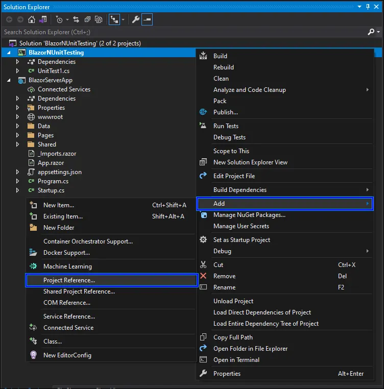 Add a project reference to the NUnit project