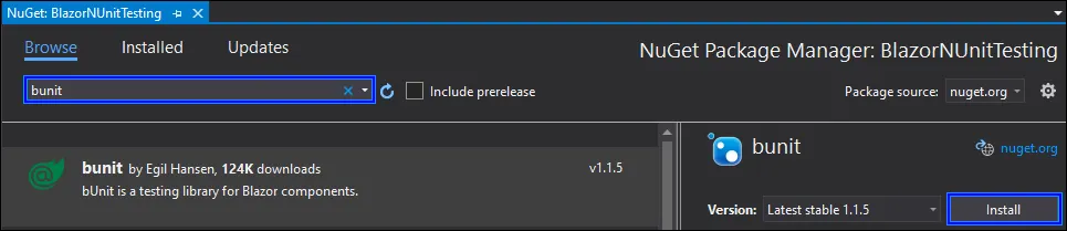 Install the bUnit NuGet packages in the NUnit project
