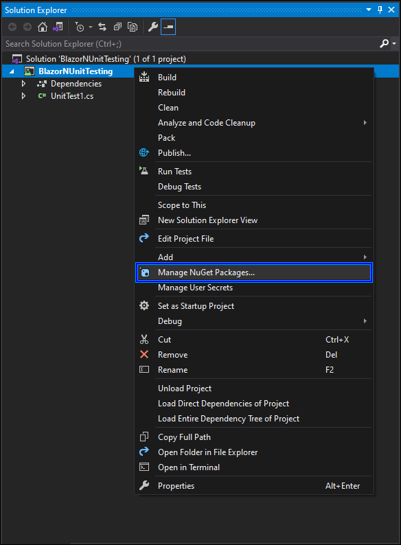 Manage NuGet package on NUnit project