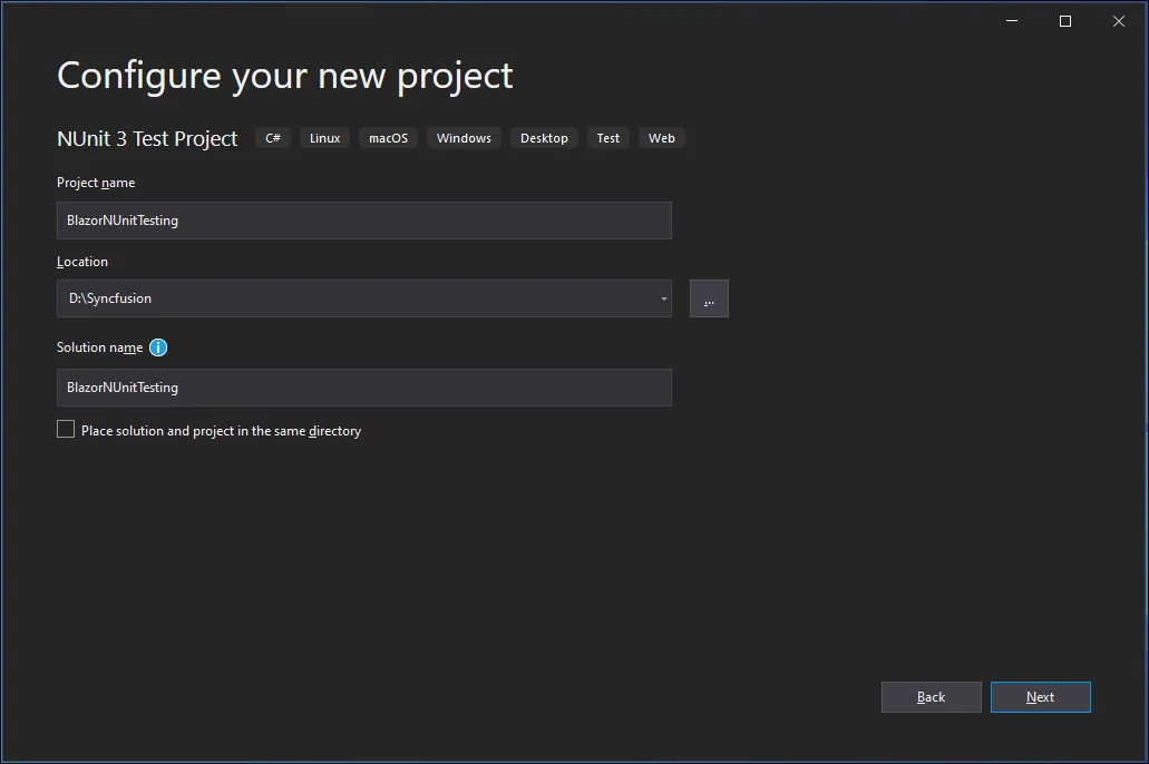 Specify the NUnit project name