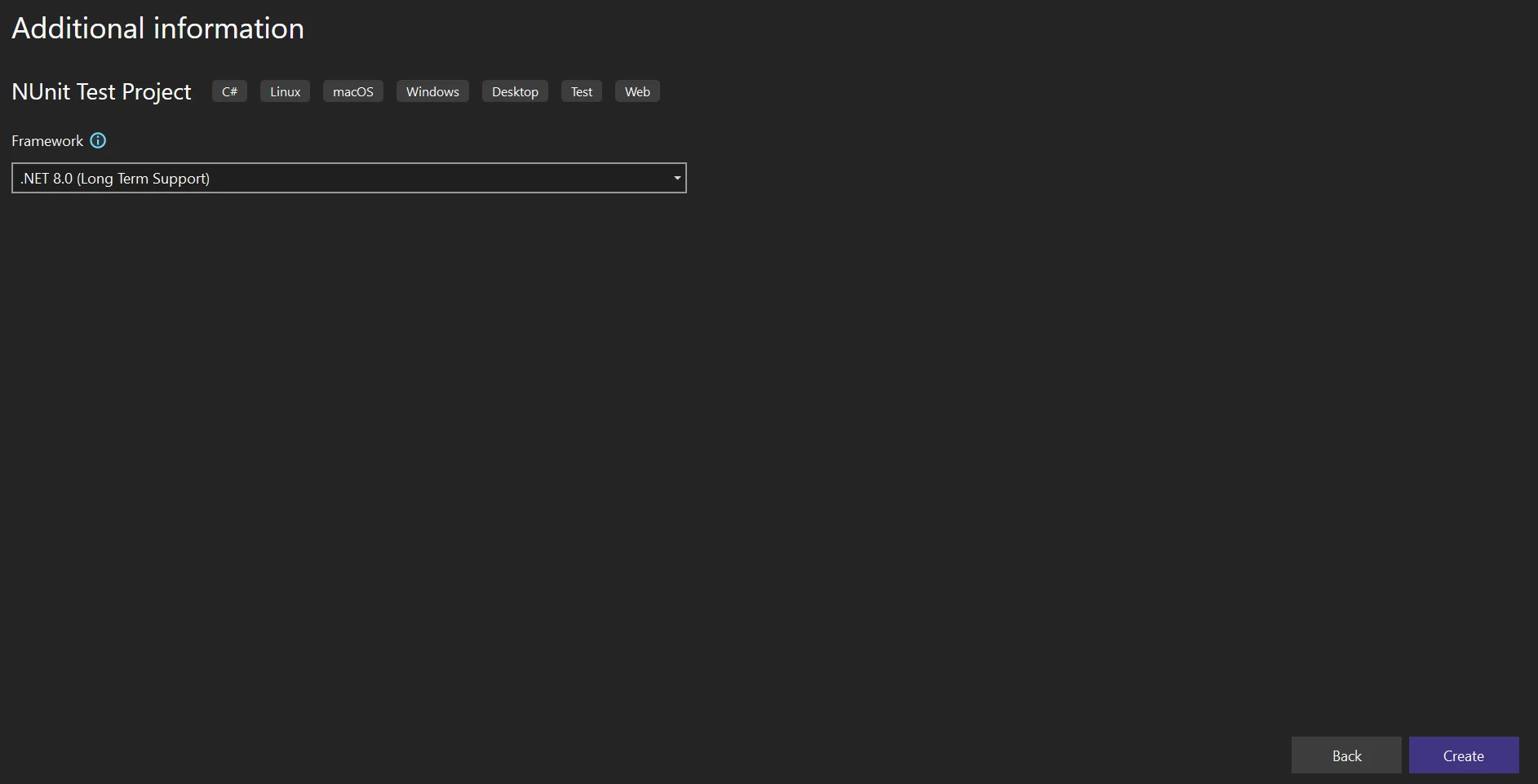 Select the target framework for the NUnit project