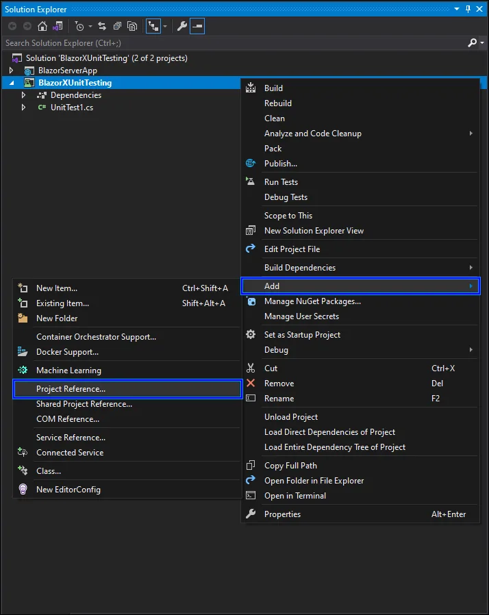 Add a project reference to the xUnit project