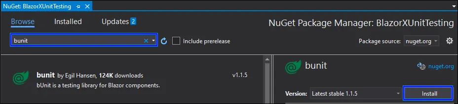 Install the bUnit NuGet packages in the xUnit project