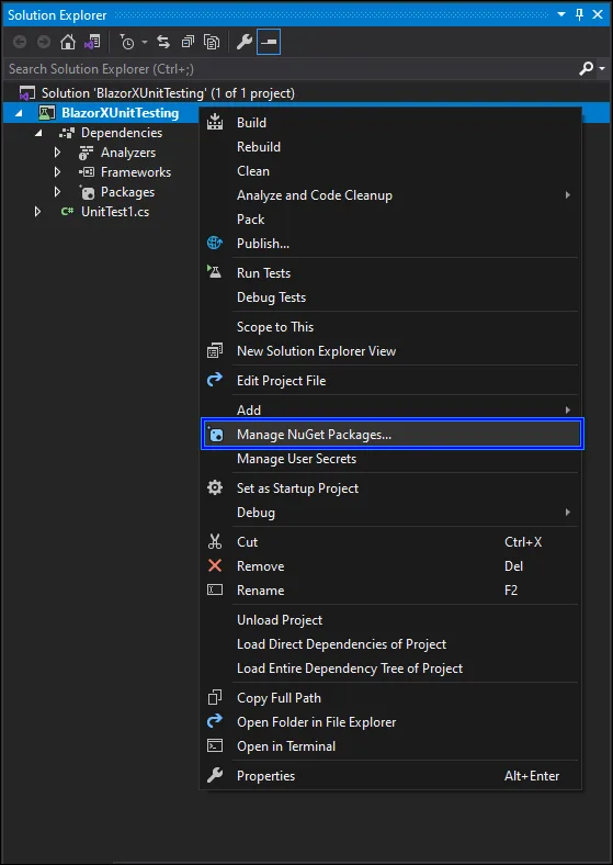 Open Manage NuGet Packages on the xUnit project