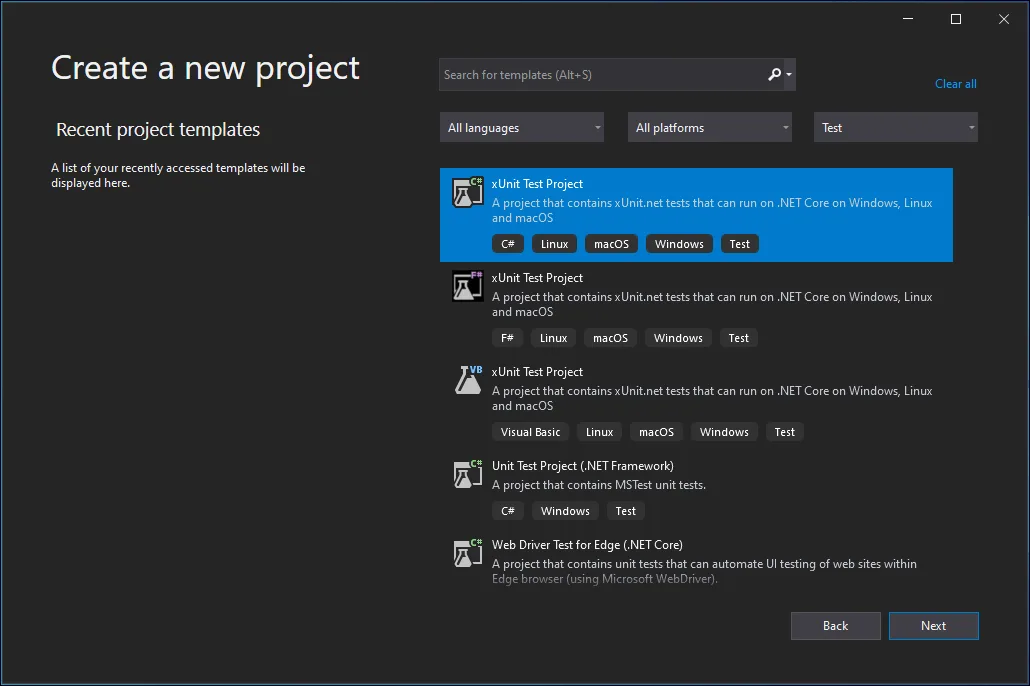xUnit project creation dialog in Visual Studio 2022