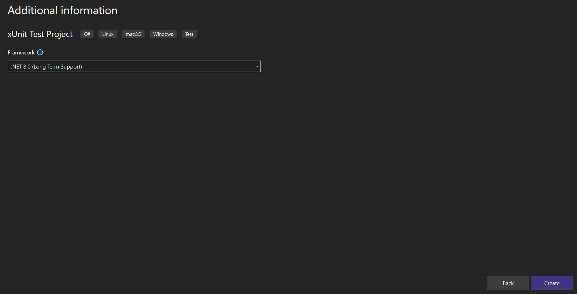 Select the target framework for the xUnit project