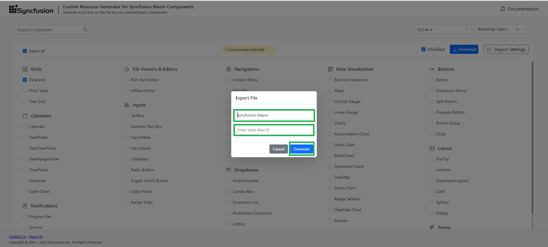 Export popup for generation custom resources