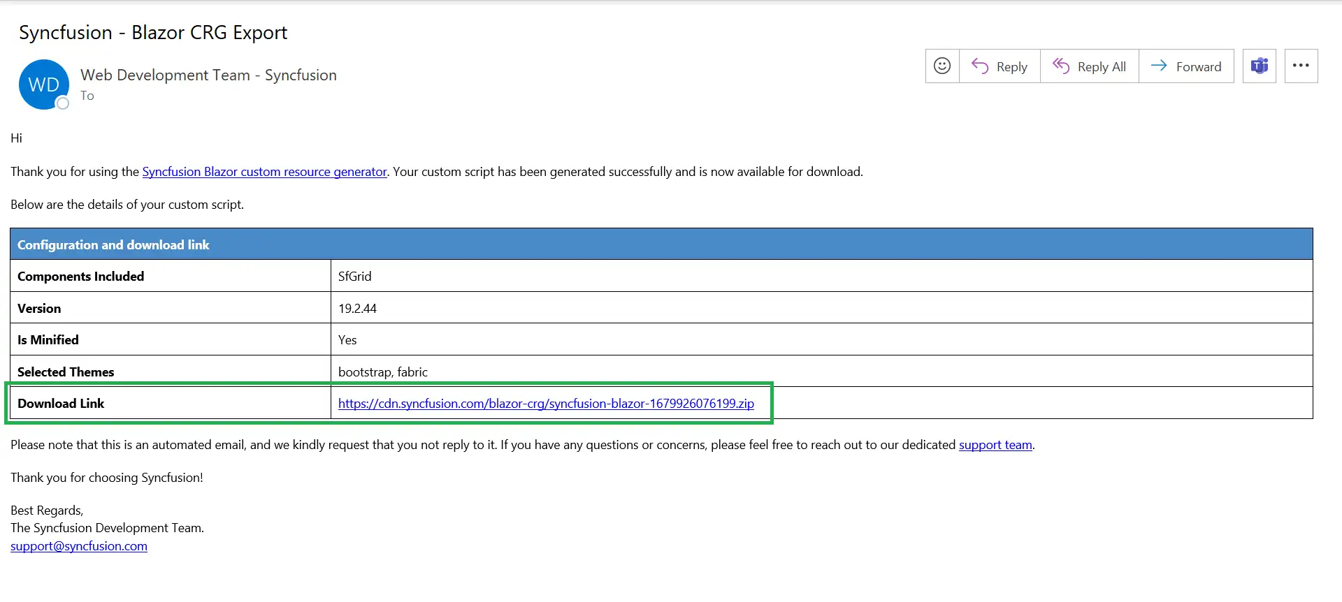Email with download link to the custom bundle