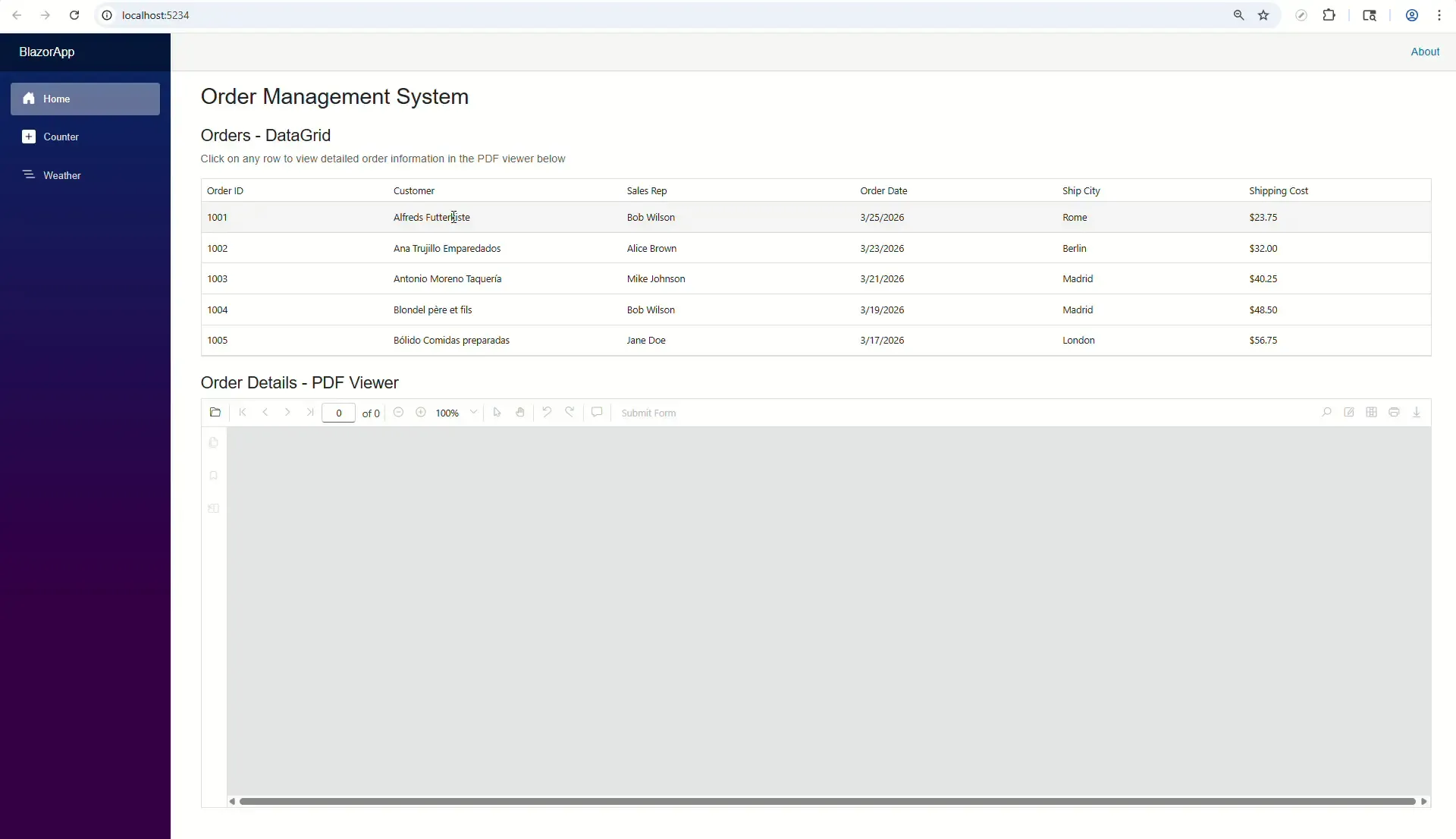 Blazor DataGrid with PDF Viewer