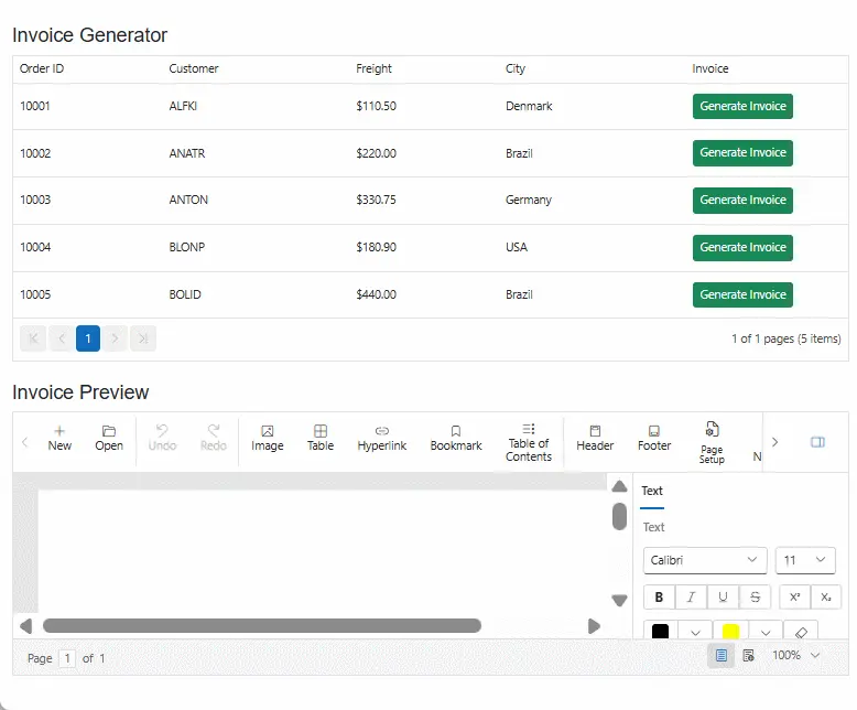Blazor DataGrid with DocumentEditor