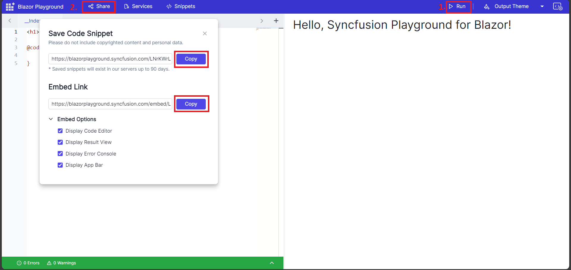 Syncfusion Blazor Playground with save code snippet