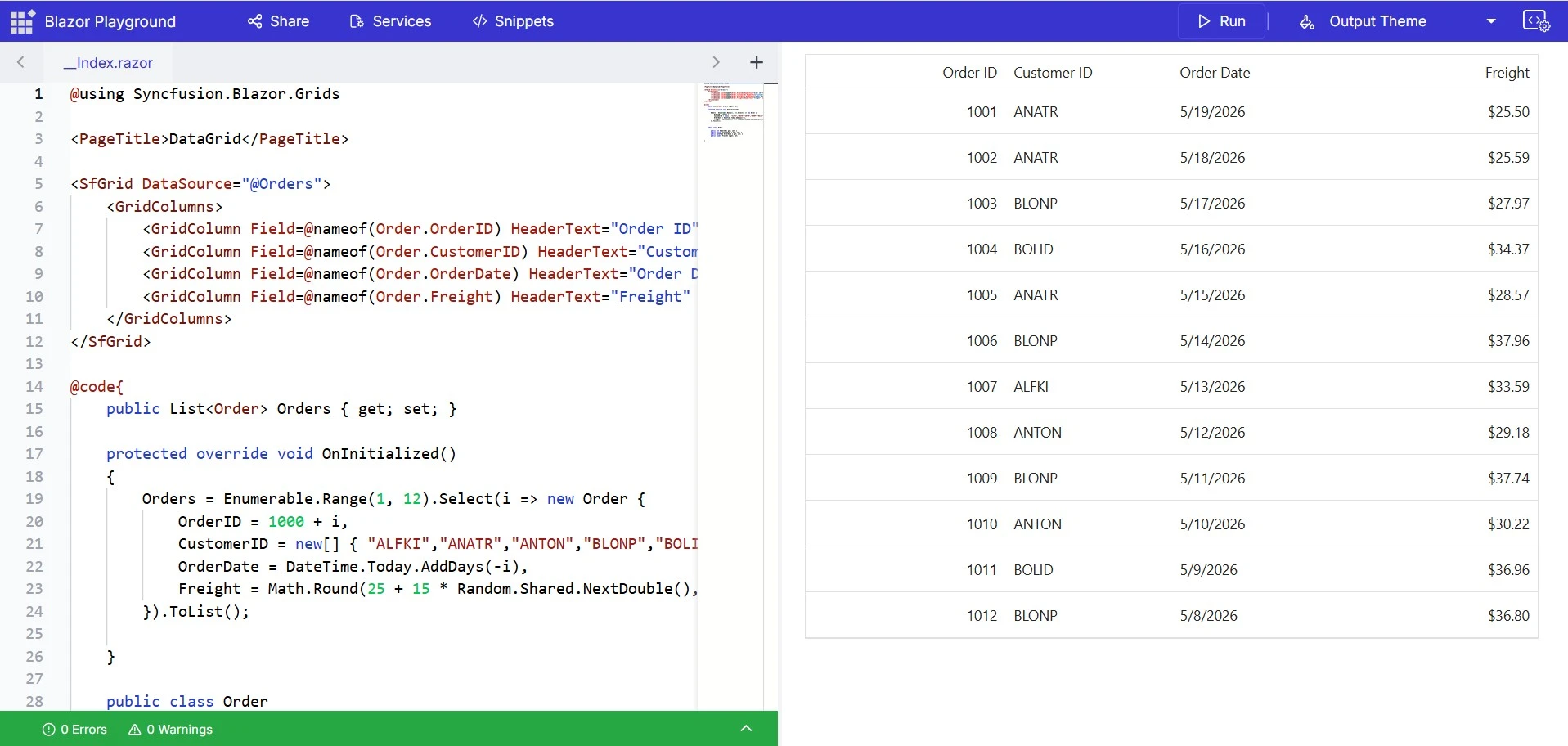 Blazor Playground output showing the DataGrid
