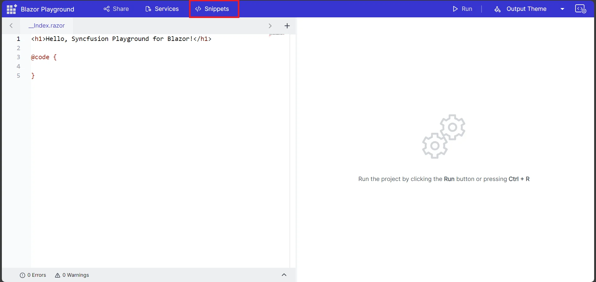 Blazor Playground with preconfigured code snippet