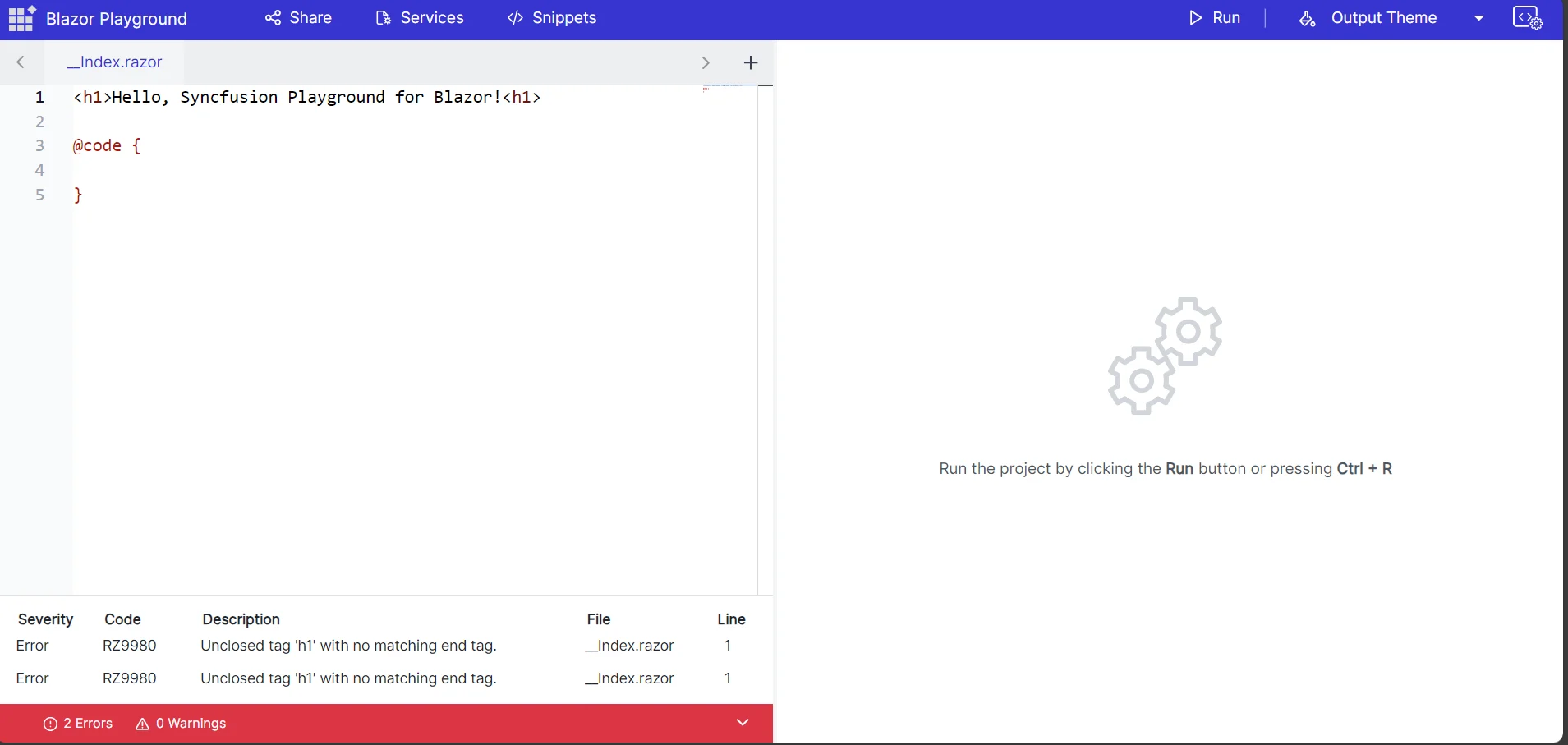 Syncfusion Blazor Playground with error console