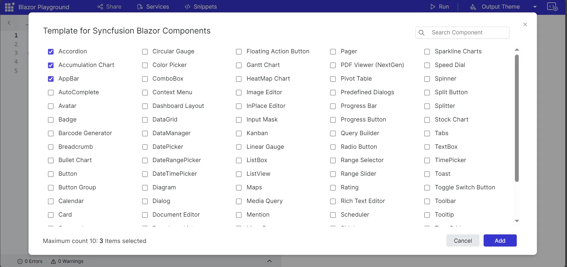 Blazor Playground selecting a component