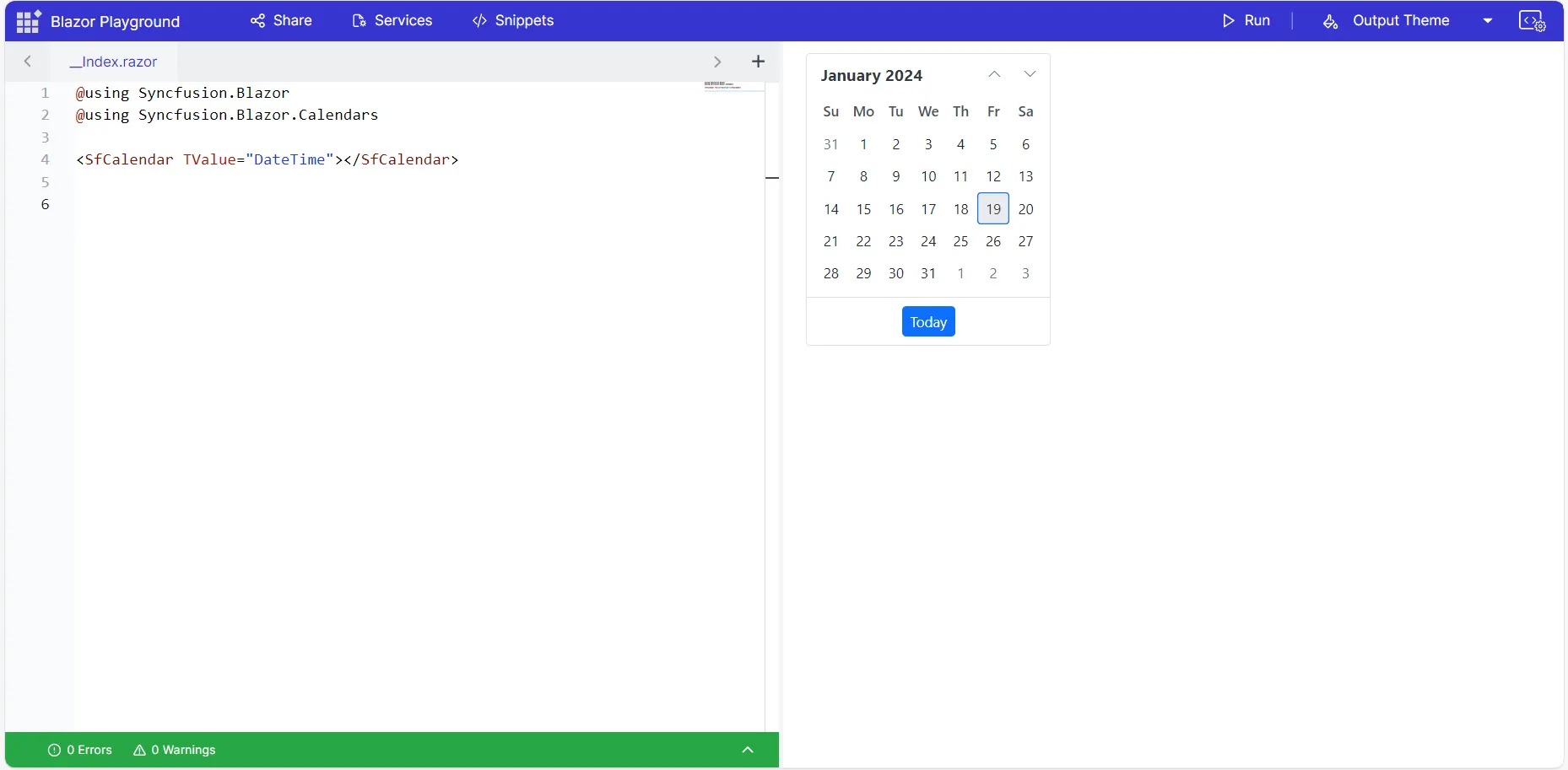 Syncfusion Blazor Playground with Calendar component