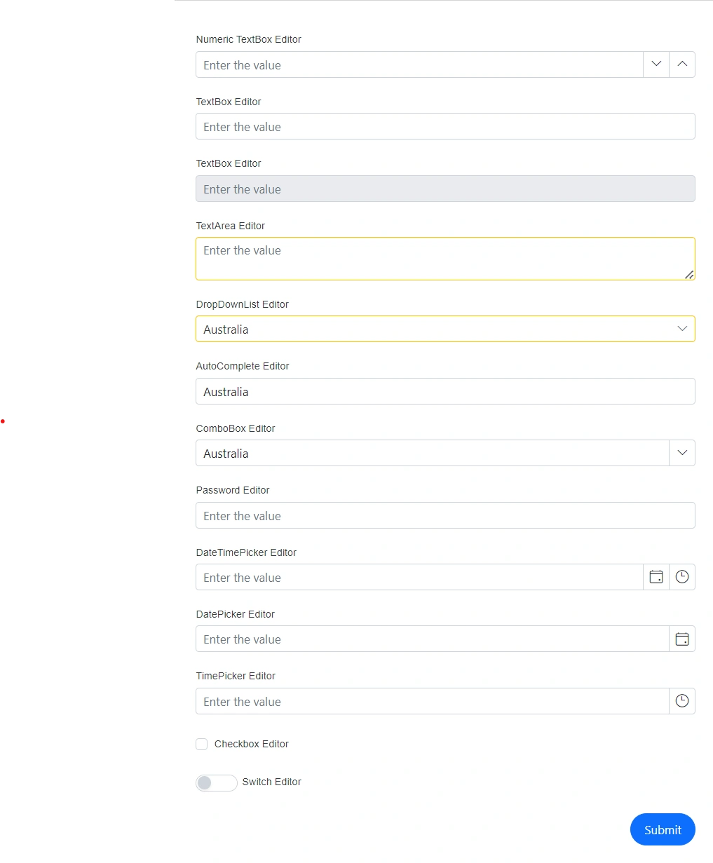 Blazor DataForm form items rendered with different editor types
