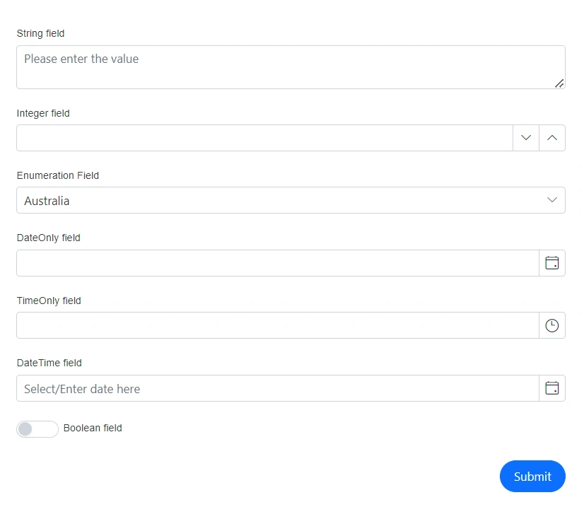 Blazor DataForm showing a mix of custom-defined FormItem fields and auto-generated fields