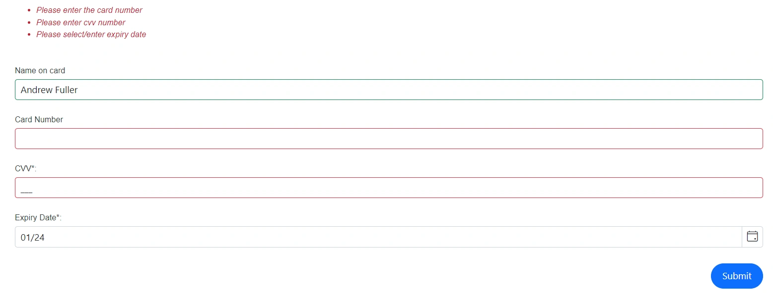 Blazor DataForm displaying a ValidationSummary with aggregated error messages