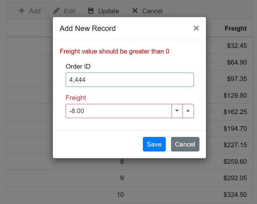 Blazor DataGrid with Custom Validator in Editing.