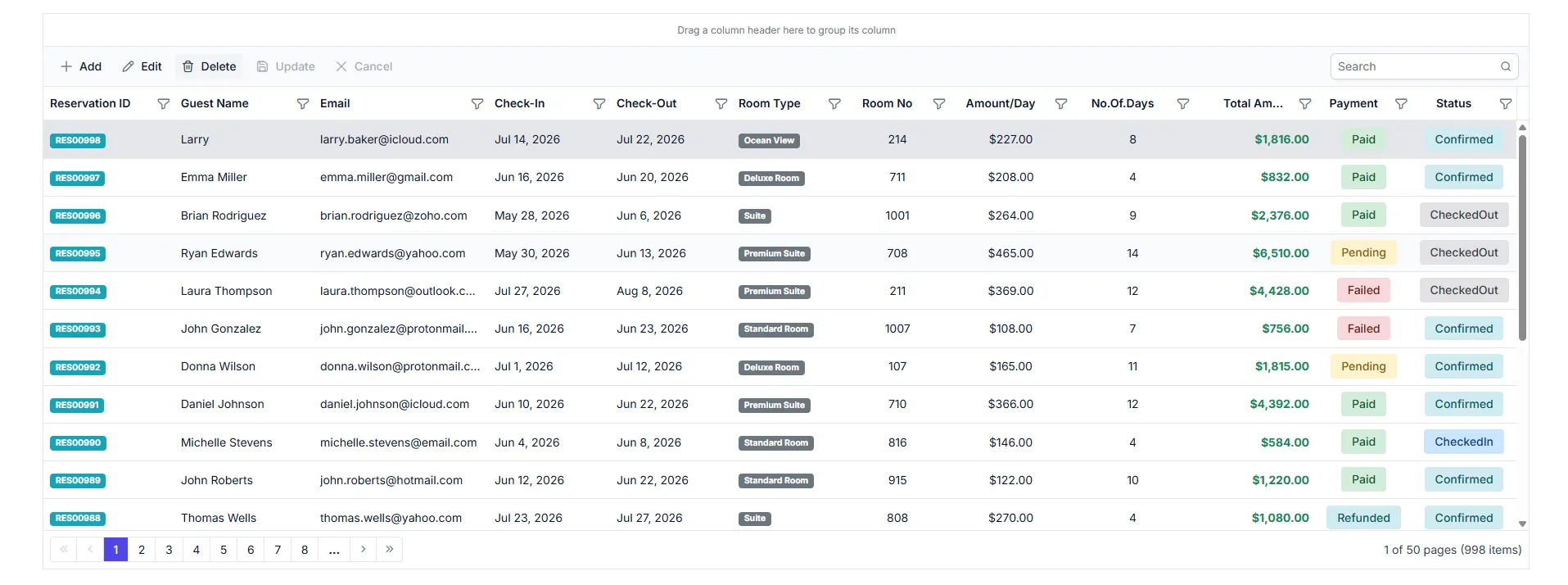 Basic DataGrid displaying reservations from the SQL Server database