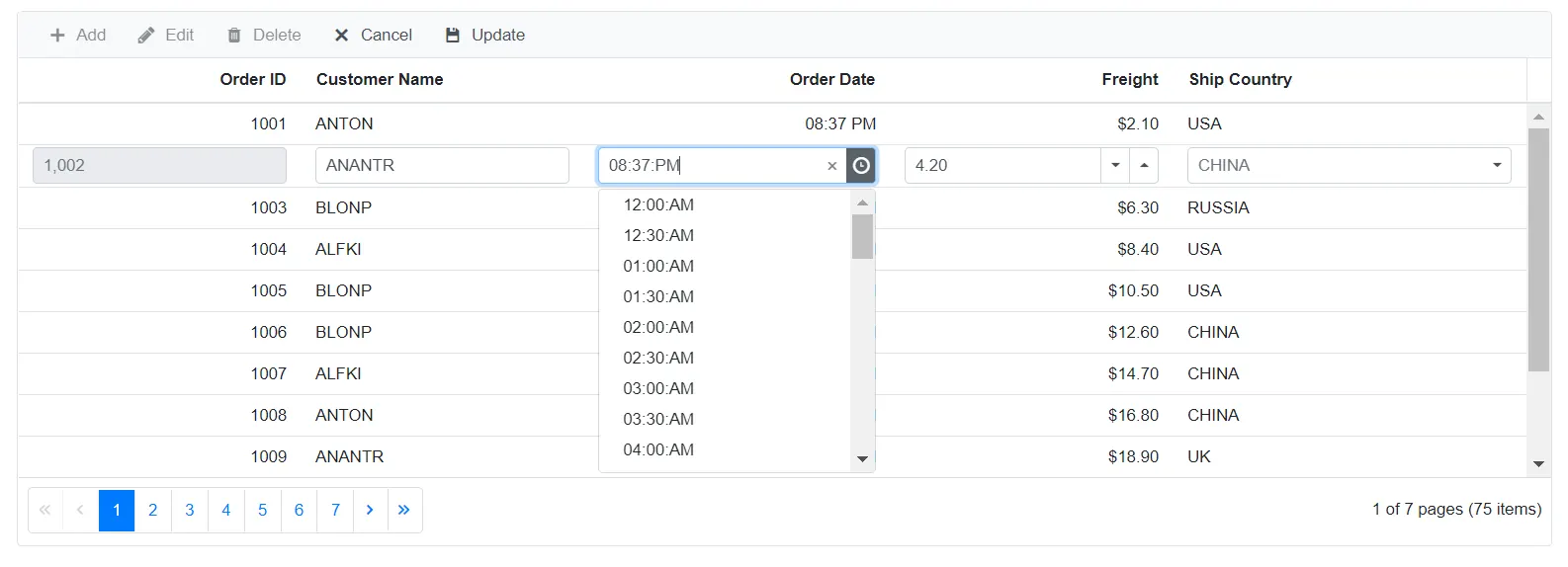 Blazor DataGrid with Editing in Custom TimePicker