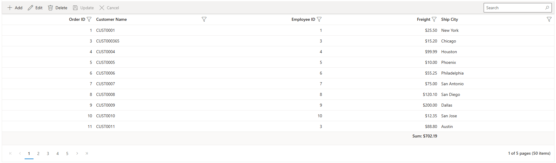 Basic DataGrid displaying orders from the SQL Server database