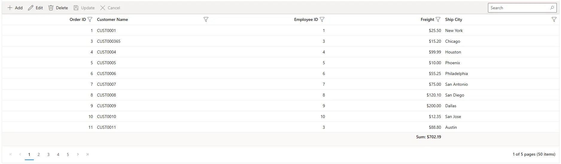 Basic DataGrid displaying orders from the SQL Server database