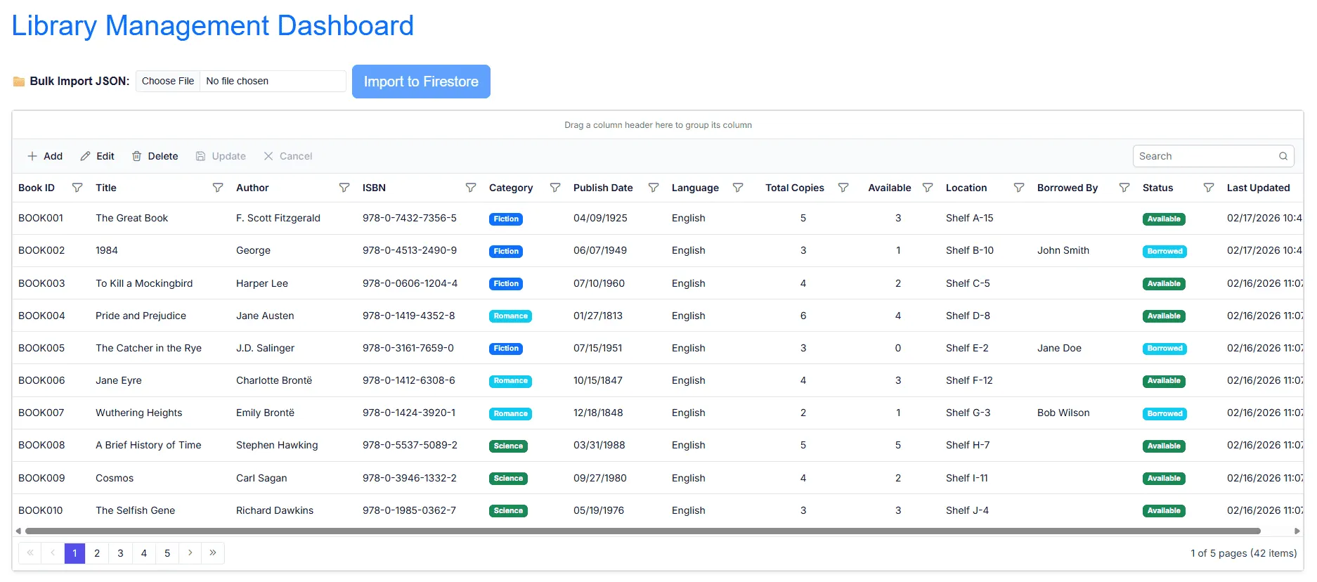 Basic DataGrid displaying books from the Firebase Firestore