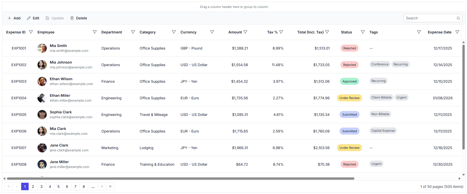 Basic DataGrid displaying expenses from the GraphQL Server