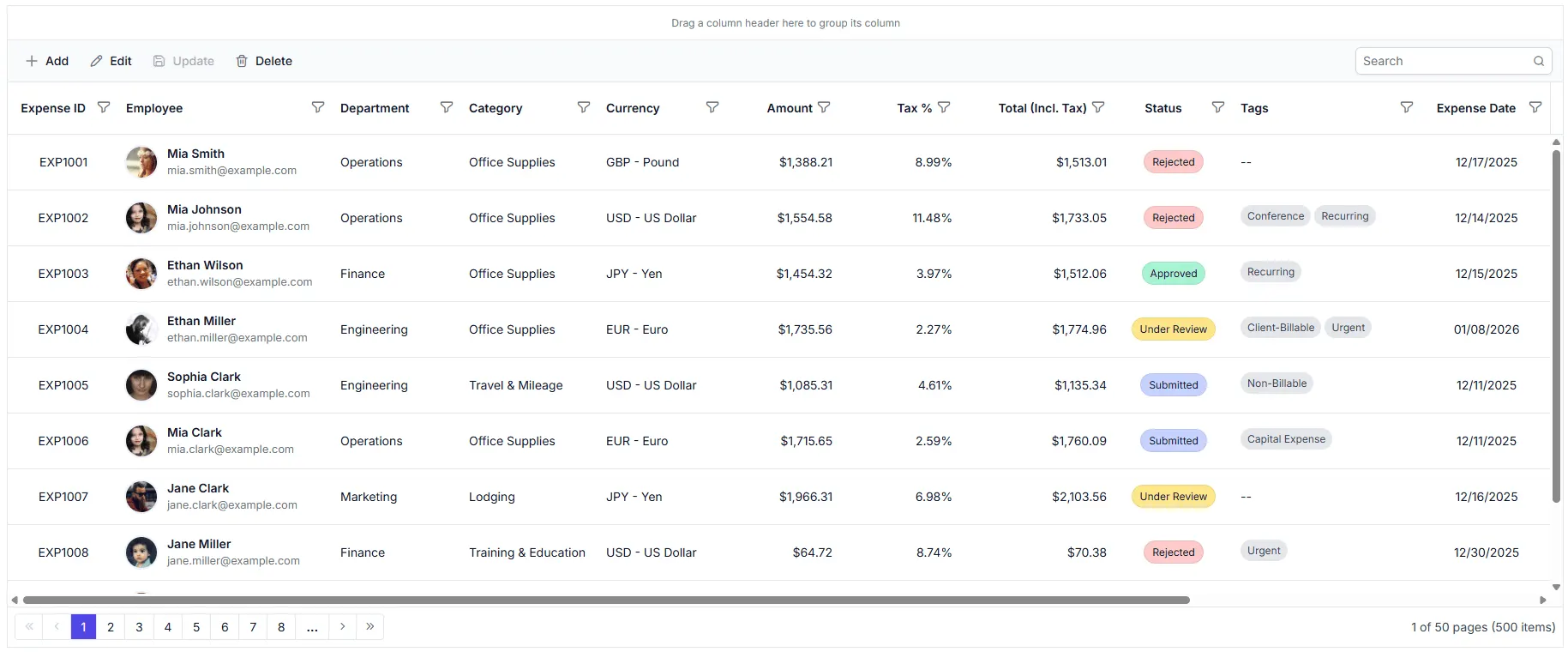 Basic DataGrid displaying expenses from the GraphQL Server