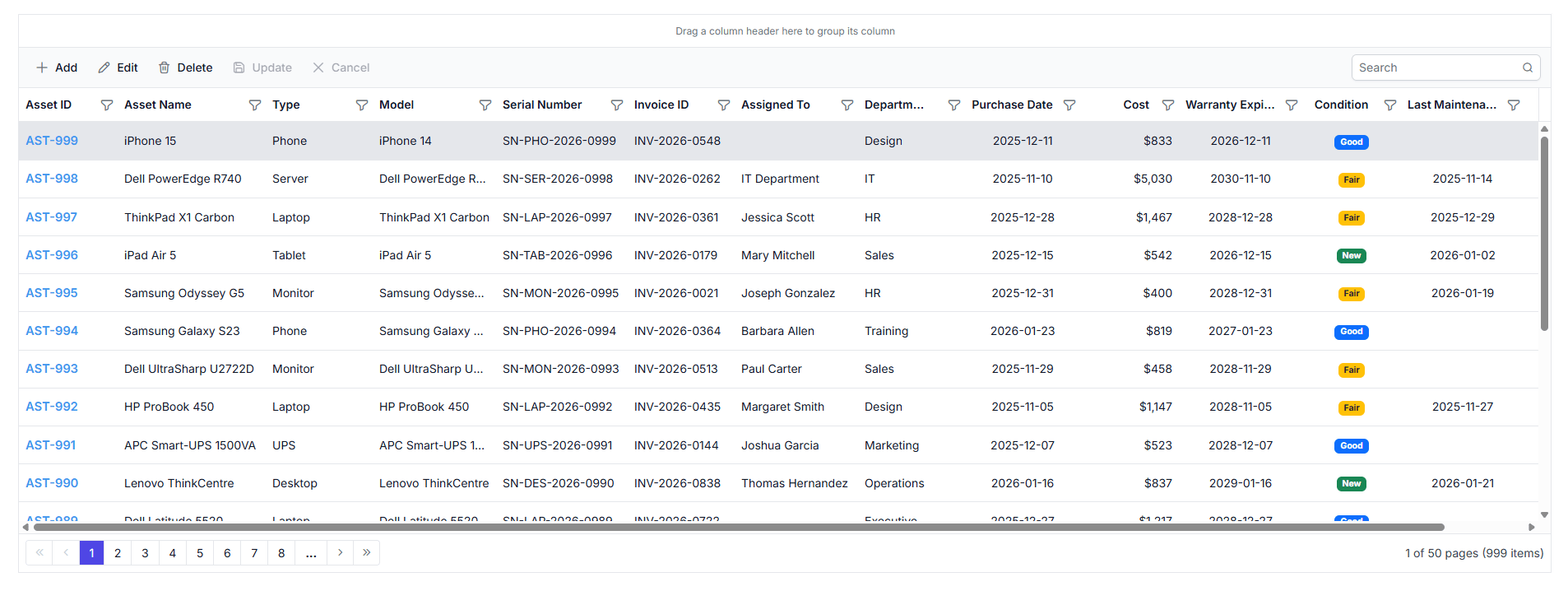 Basic DataGrid displaying asstes from the SQLite Server database