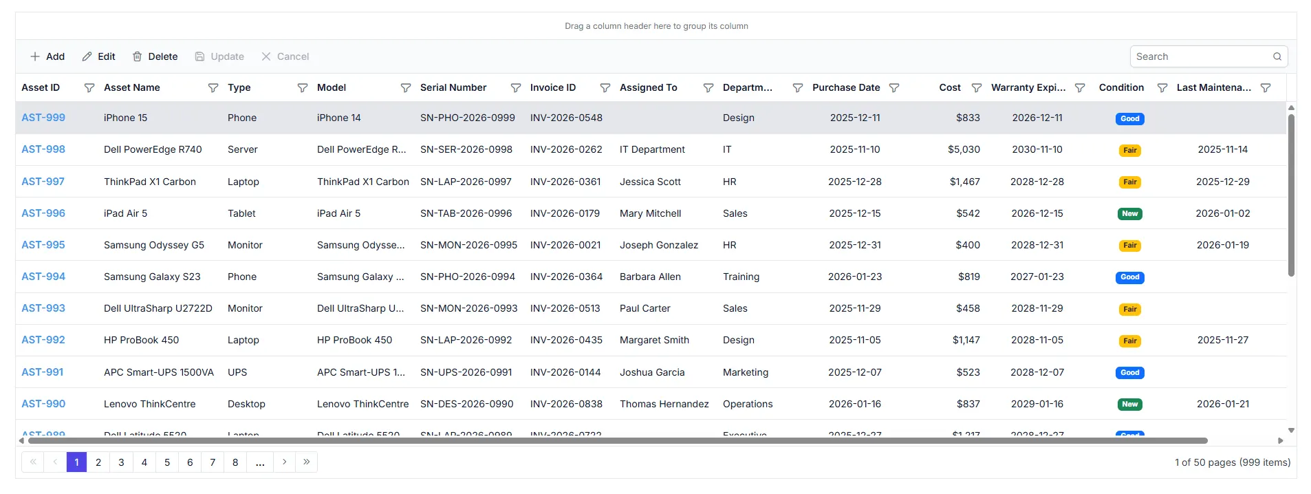 Basic DataGrid displaying asstes from the SQLite Server database