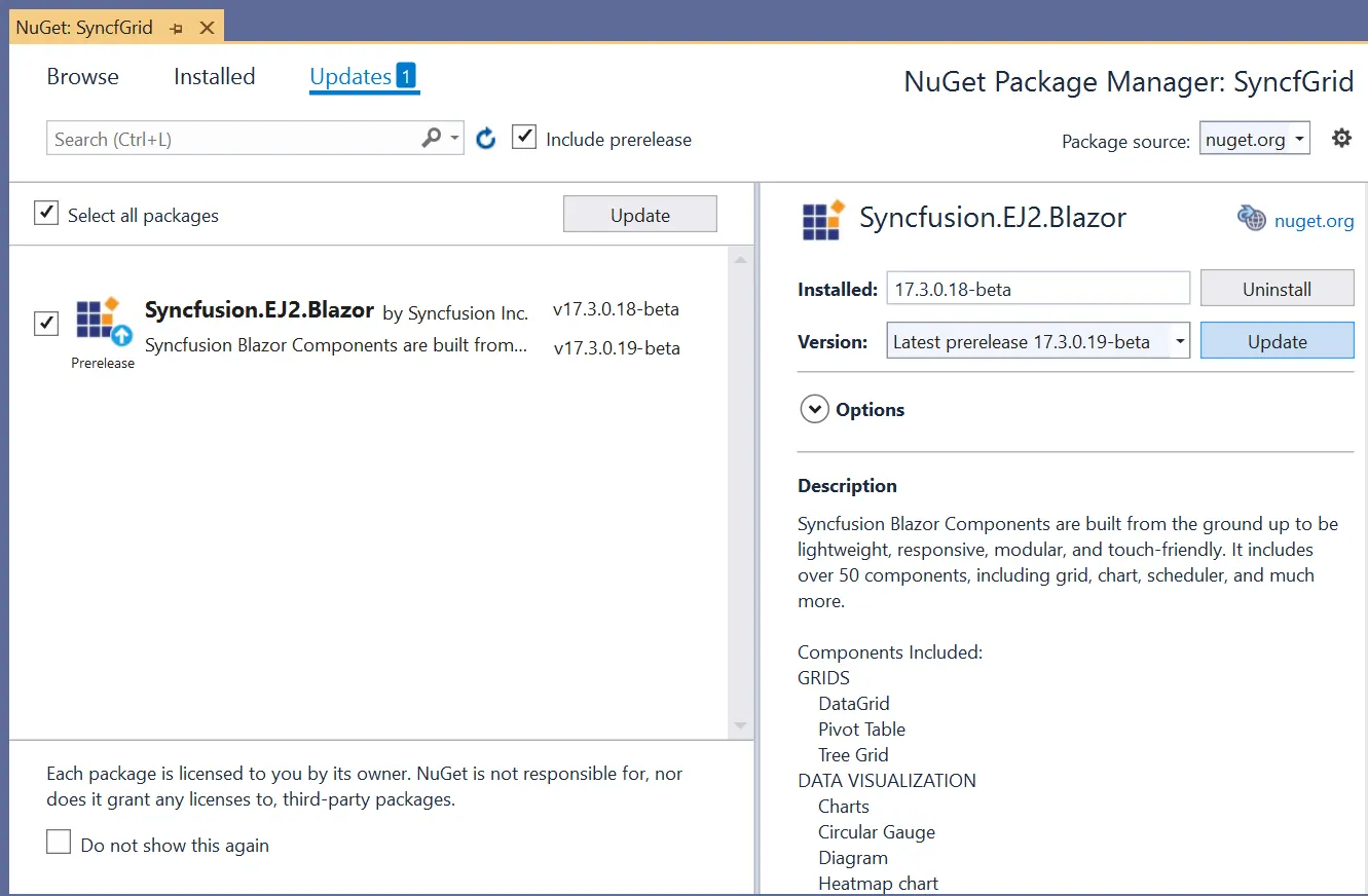 Updating Blazor NuGet Package