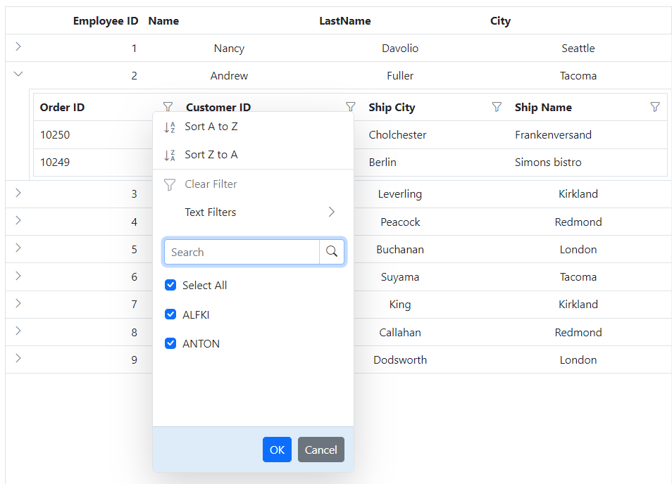 Blazor Grid filter dialog footer.