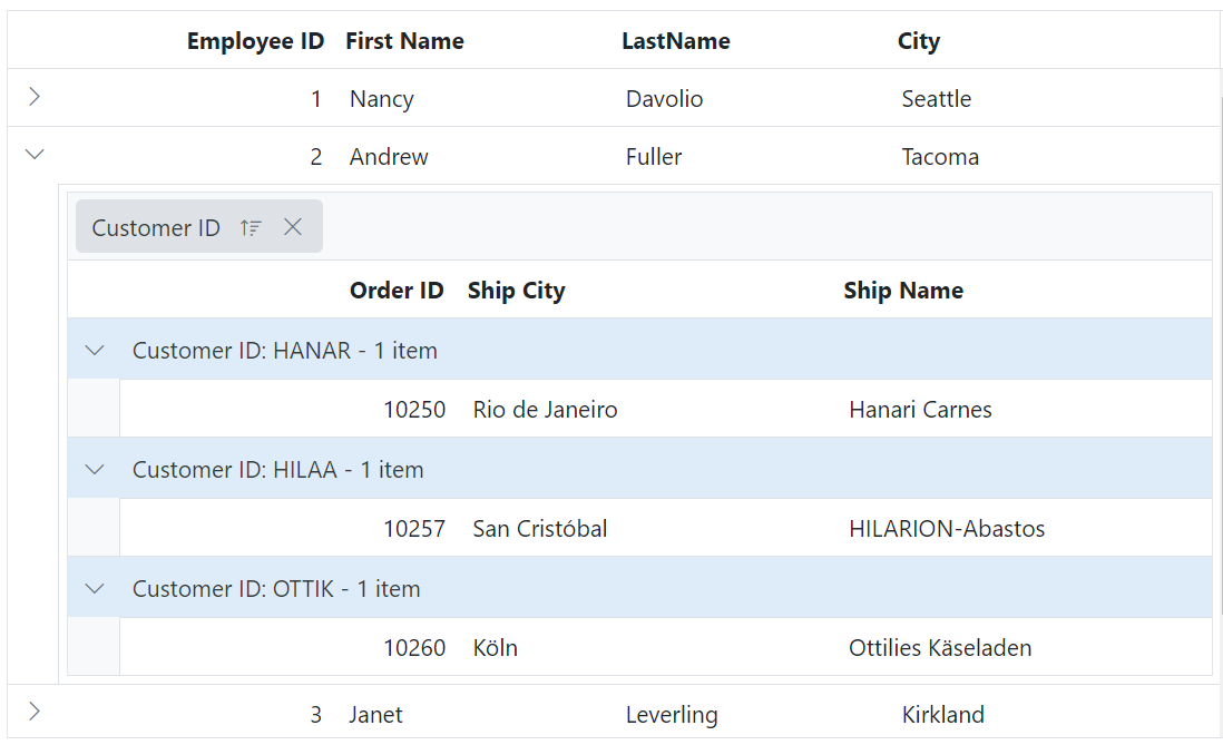 detail Grid group caption row in Blazor.