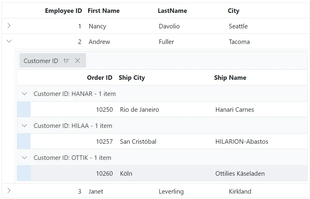 Detail Grid grouping indent cell in Blazor