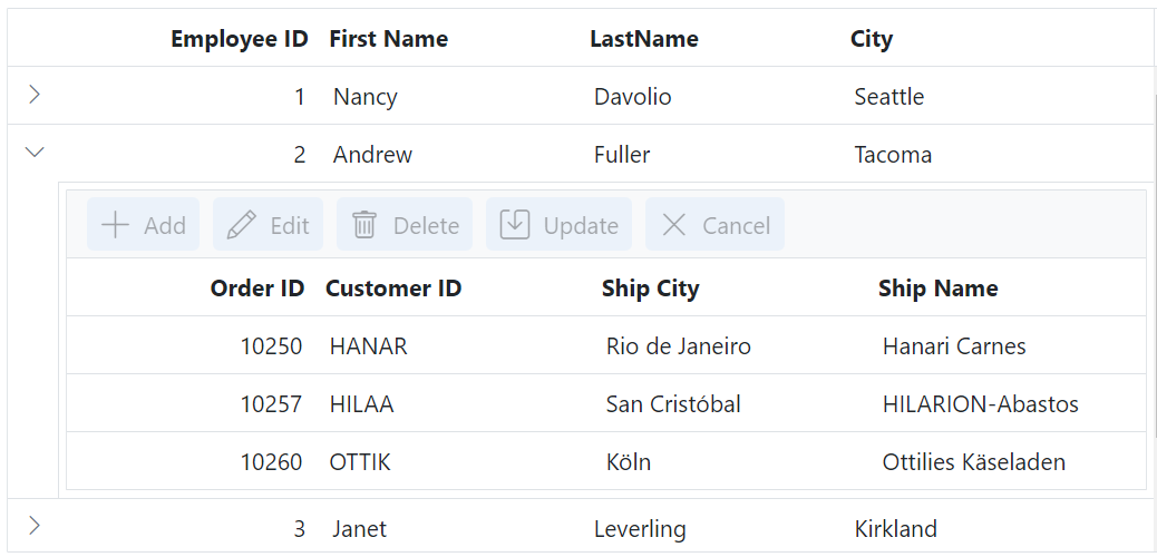 detail Grid toolbar button element in Blazor.
