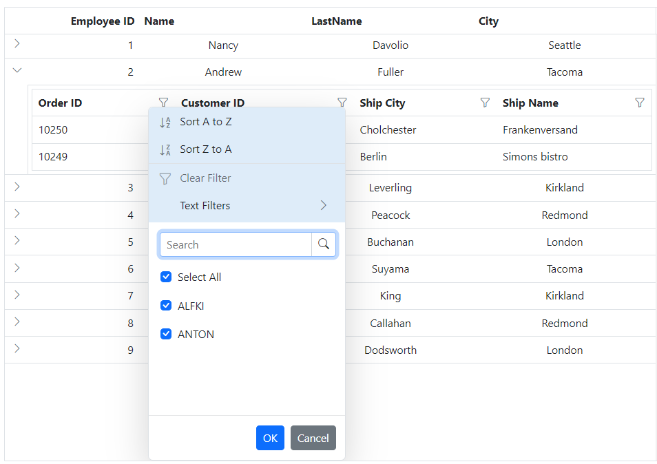 Blazor Grid Excel filter dialog number filters element.