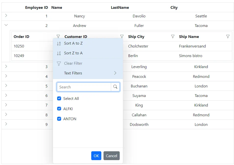 Blazor Grid Excel filter dialog number filters element