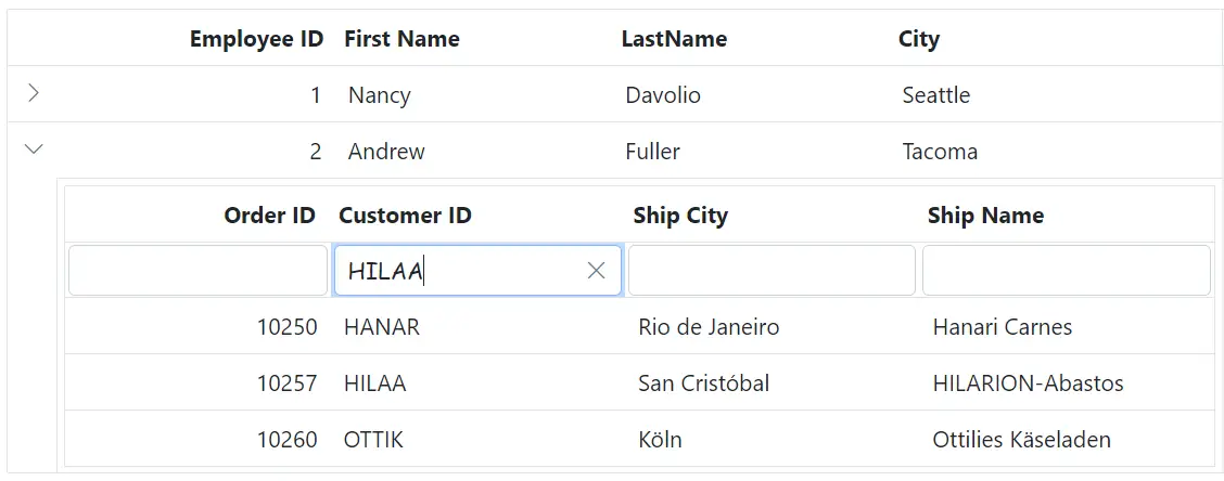 Blazor Grid filter bar input element