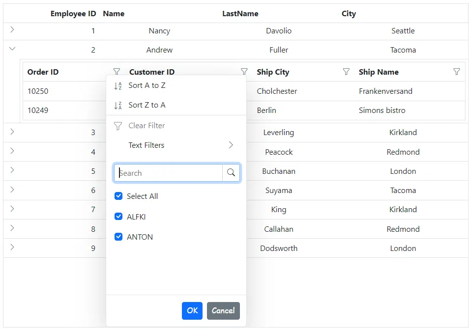 Blazor Grid filter dialog button element