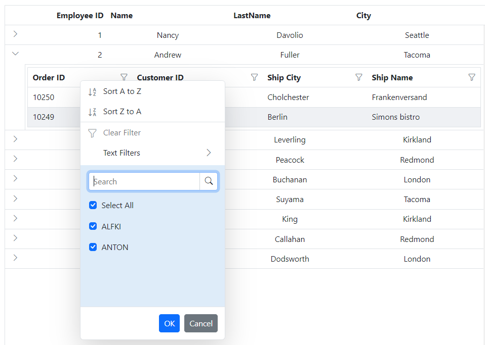 Blazor Grid filter dialog content.