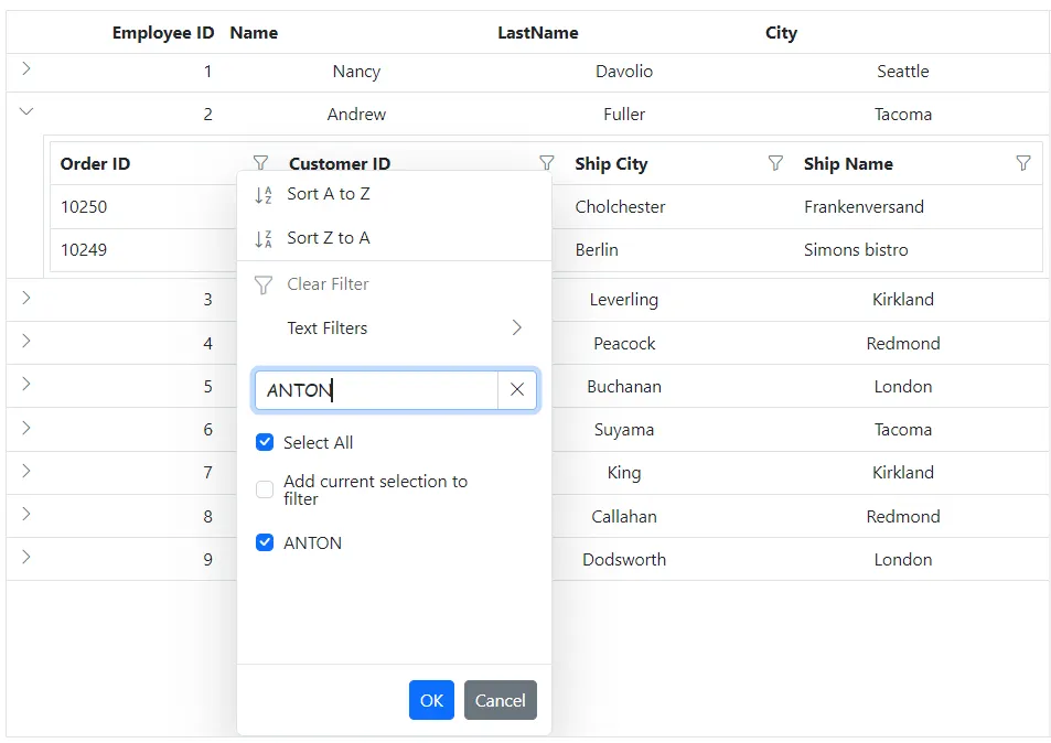 Blazor Grid filter dialog input element