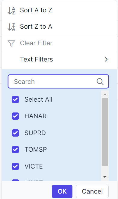 Filter dialog content